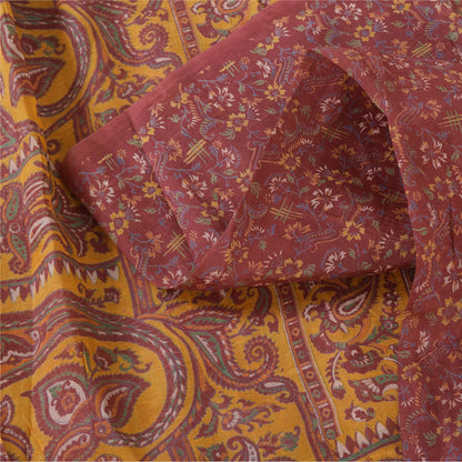 Sanskriti Vintage Sarees Indian Dark Red Pure Silk Printed Sari 5yd Craft Fabric