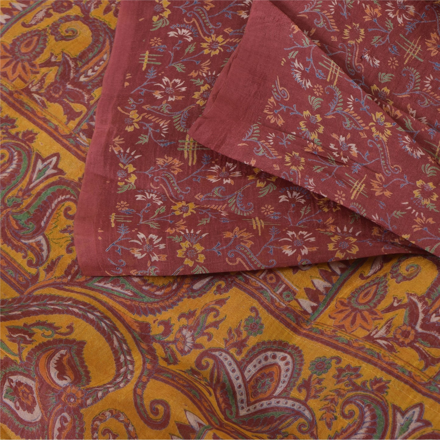 Sanskriti Vintage Sarees Indian Dark Red Pure Silk Printed Sari 5yd Craft Fabric