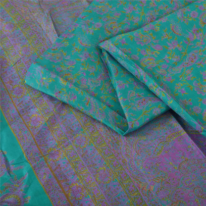 Sanskriti Vintage Sarees Green/Purple Pure Silk Printed Sari 6yd Craft Fabric