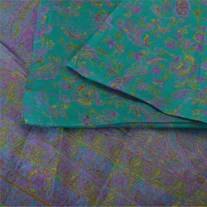 Sanskriti Vintage Sarees Green/Purple Pure Silk Printed Sari 6yd Craft Fabric