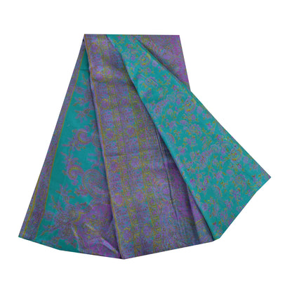 Sanskriti Vintage Sarees Green/Purple Pure Silk Printed Sari 6yd Craft Fabric