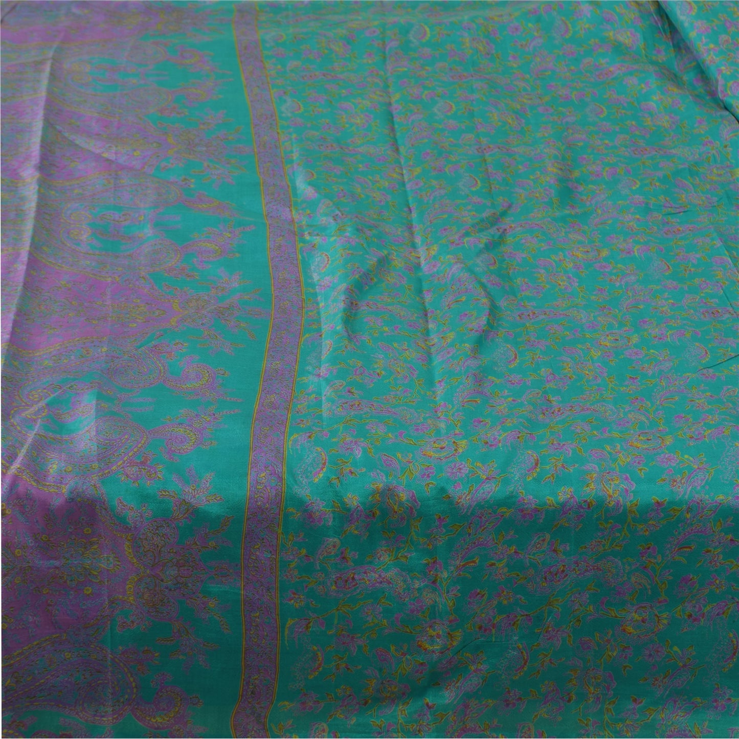 Sanskriti Vintage Sarees Green/Purple Pure Silk Printed Sari 6yd Craft Fabric