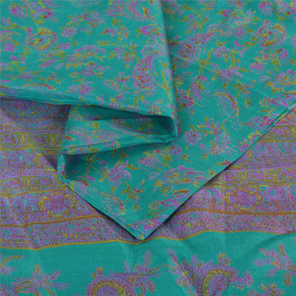 Sanskriti Vintage Sarees Green/Purple Pure Silk Printed Sari 6yd Craft Fabric