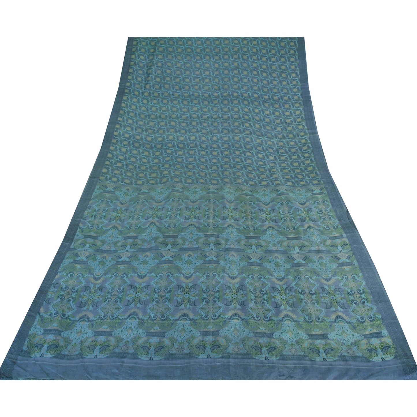 Sanskriti Vintage Sarees From India Blue Pure Silk Printed Sari 6yd Craft Fabric