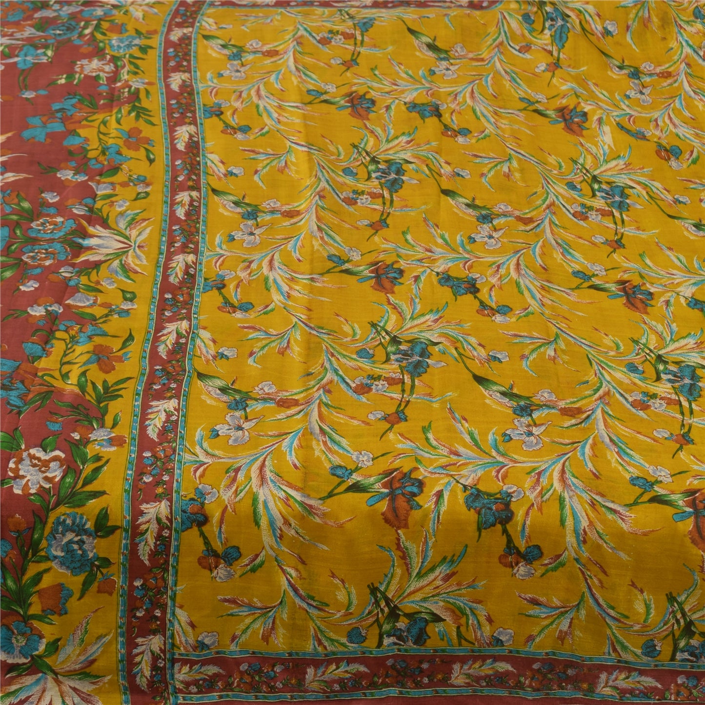 Sanskriti Vintage Sarees Yellow Indian Pure Silk Printed Sari 5yd Craft Fabric