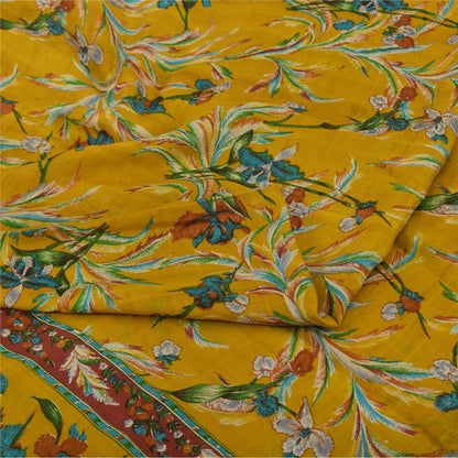 Sanskriti Vintage Sarees Yellow Indian Pure Silk Printed Sari 5yd Craft Fabric