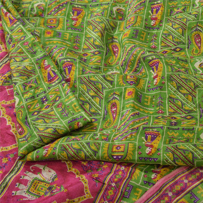 Sanskriti Vintage Sarees Green Human Animal Printed Pure Silk Sari 5yd Fabric