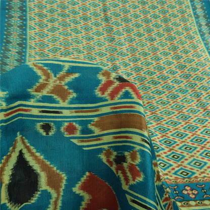 Sanskriti Vintage Sarees Blue Ikat Printed 100% Pure Silk Sari 5yd Craft Fabric