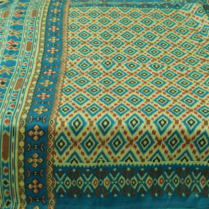 Sanskriti Vintage Sarees Blue Ikat Printed 100% Pure Silk Sari 5yd Craft Fabric