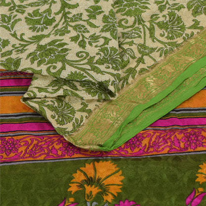 Sanskriti Vintage Sarees Green/Ivory 100%Pure Silk Printed Sari 6yd Craft Fabric