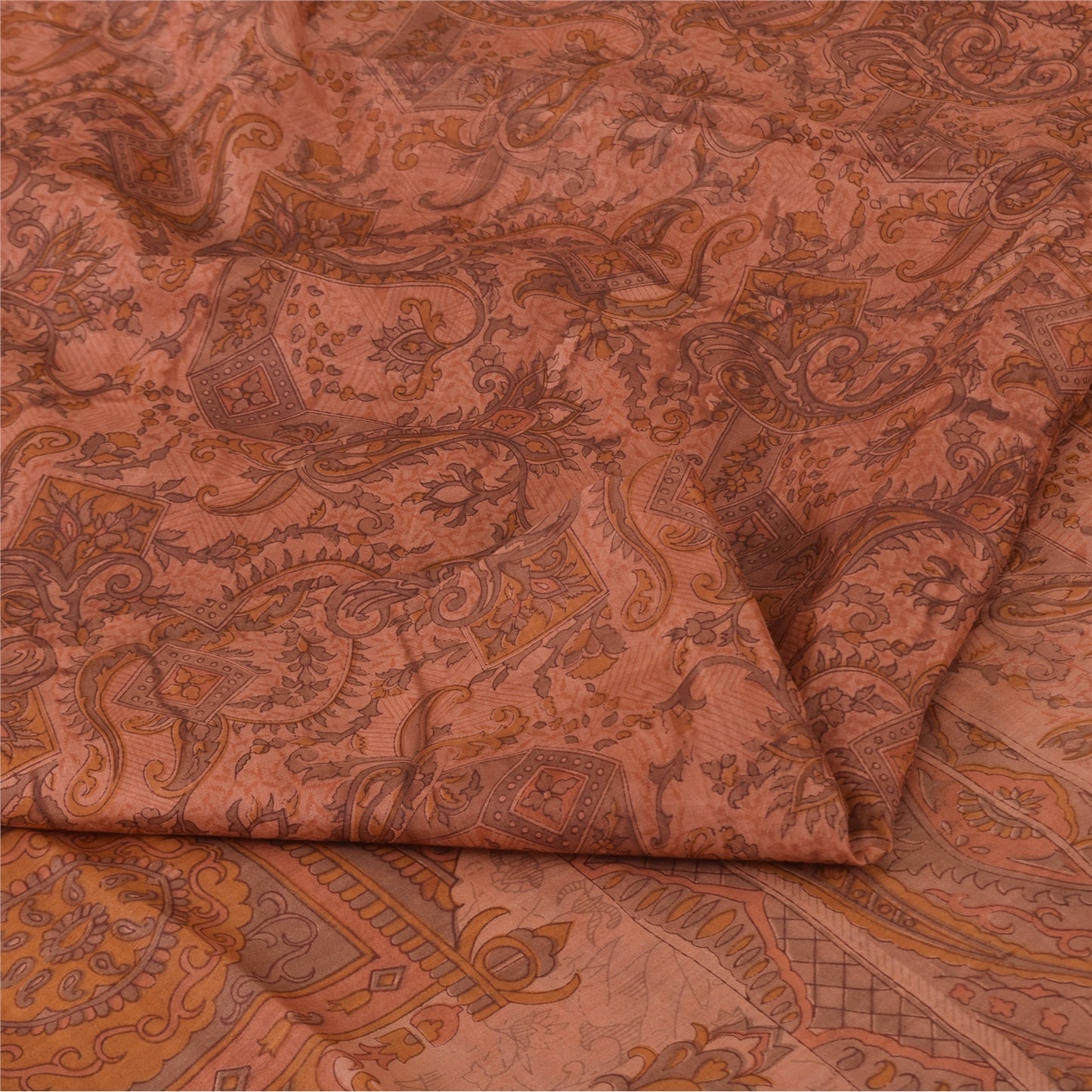 Sanskriti Vintage Sarees Dark Peach 100% Pure Silk Printed Sari 6yd Craft Fabric