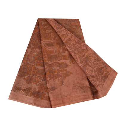 Sanskriti Vintage Sarees Dark Peach 100% Pure Silk Printed Sari 6yd Craft Fabric