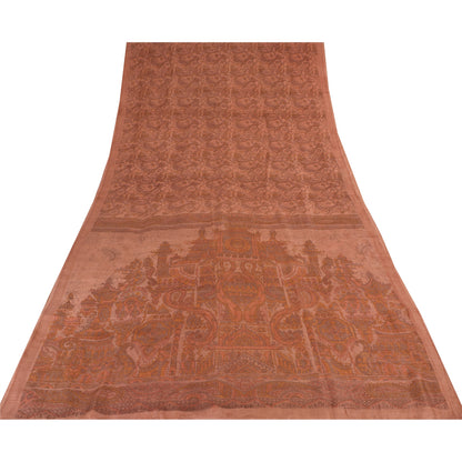 Sanskriti Vintage Sarees Dark Peach 100% Pure Silk Printed Sari 6yd Craft Fabric