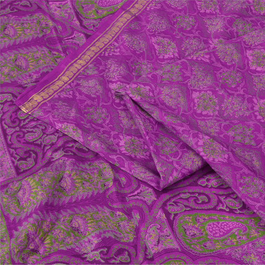 Sanskriti Vintage Sarees Purple Indian Pure Silk Printed Sari 6yd Craft Fabric