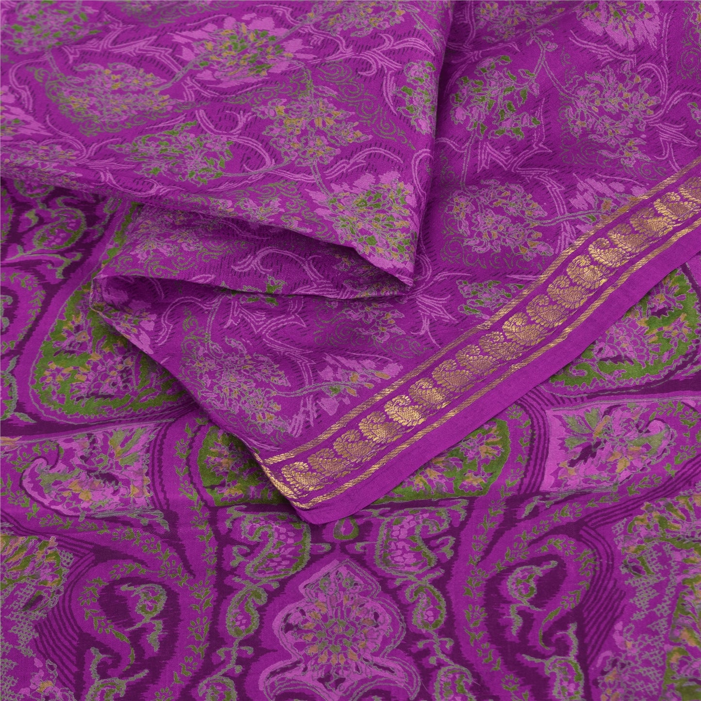 Sanskriti Vintage Sarees Purple Indian Pure Silk Printed Sari 6yd Craft Fabric