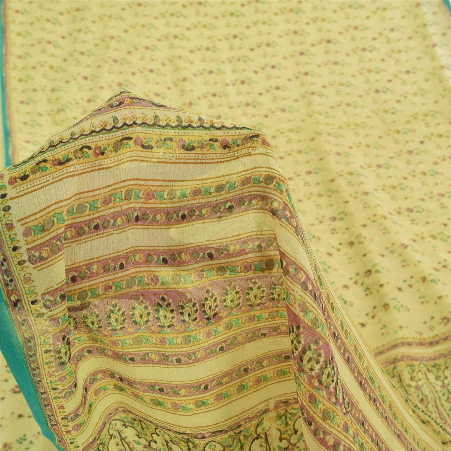 Sanskriti Vintage Sarees Lemon Yellow Pure Silk Printed Sari 6yd Craft Fabric