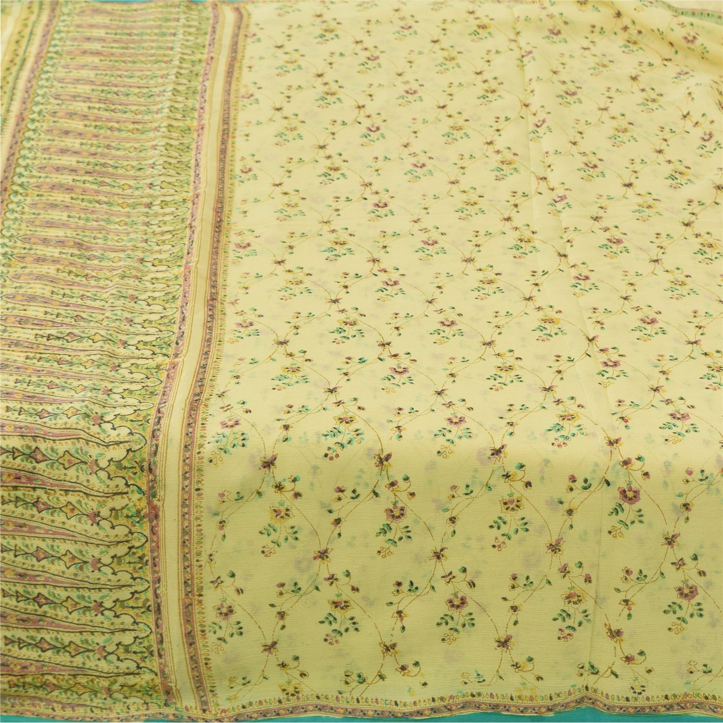 Sanskriti Vintage Sarees Lemon Yellow Pure Silk Printed Sari 6yd Craft Fabric