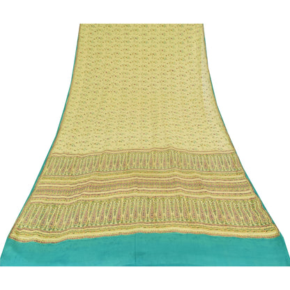 Sanskriti Vintage Sarees Lemon Yellow Pure Silk Printed Sari 6yd Craft Fabric