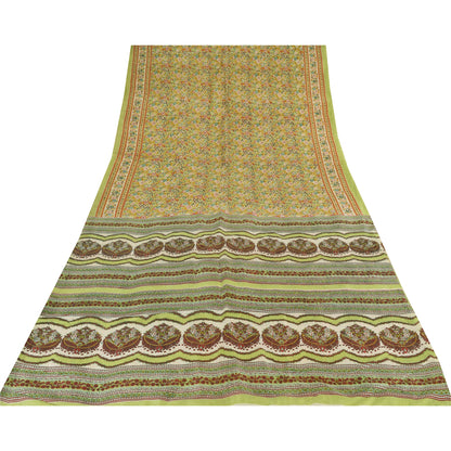 Sanskriti Vintage Sarees Light-Green 100%Pure Silk Printed Sari 5yd Craft Fabric