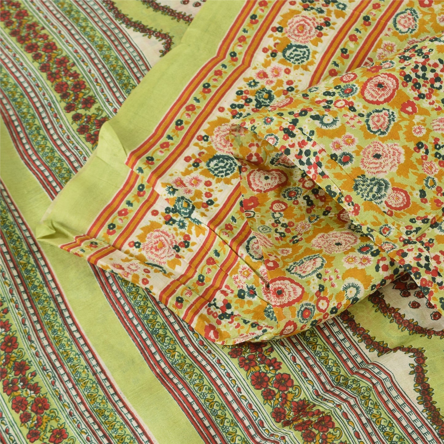 Sanskriti Vintage Sarees Light-Green 100%Pure Silk Printed Sari 5yd Craft Fabric