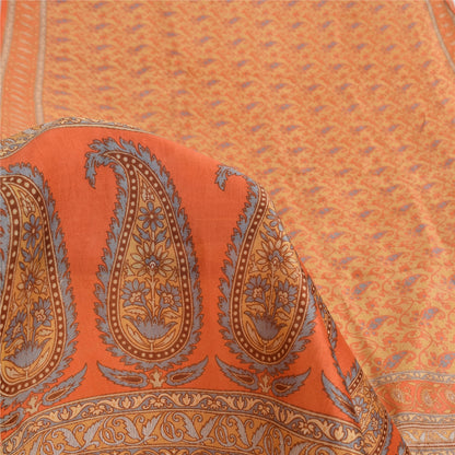 Sanskriti Vintage Sarees Orange Indian Pure Silk Printed Sari 5yd Craft Fabric