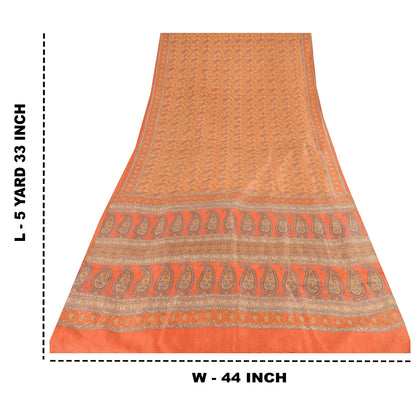 Sanskriti Vintage Sarees Orange Indian Pure Silk Printed Sari 5yd Craft Fabric