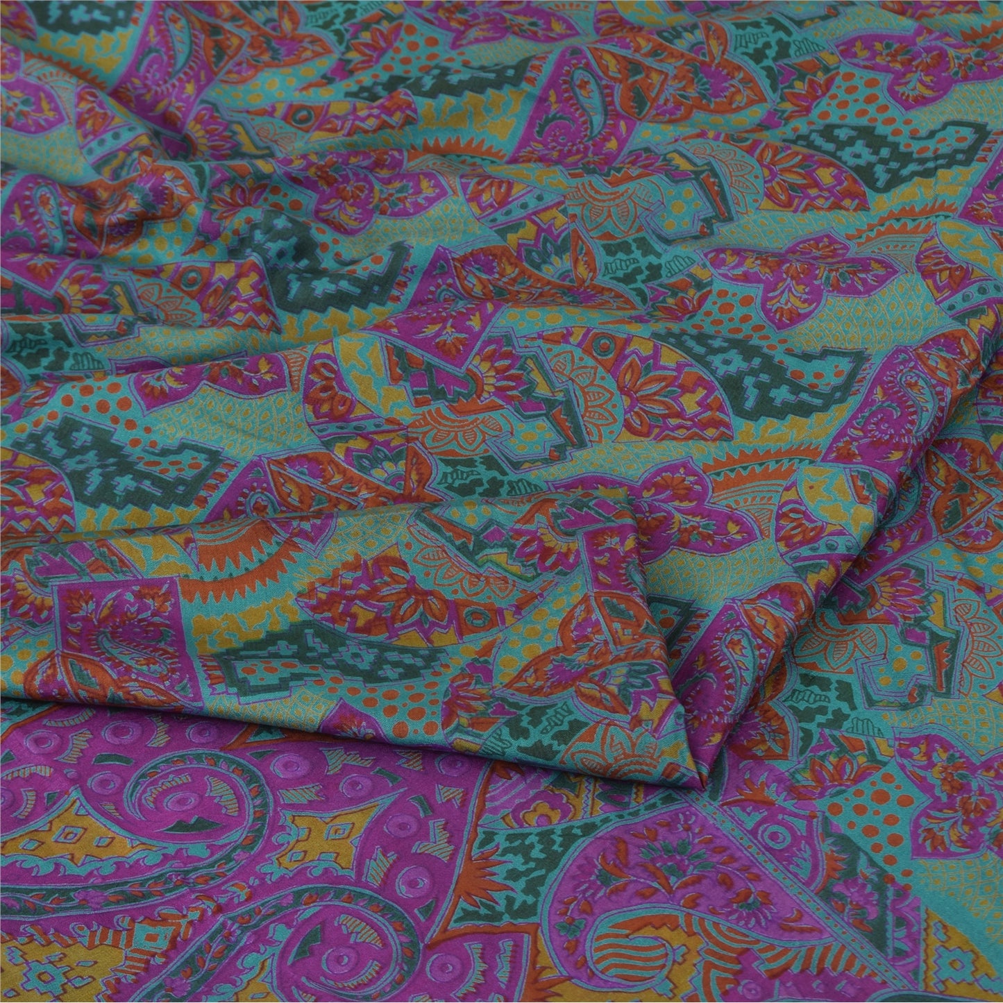 Sanskriti Vintage Sarees Purple/Green Pure Silk Printed Sari 6yd Craft Fabric