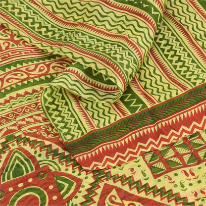 Sanskriti Vintage Sarees Green/Red 100% Pure Silk Printed Sari 5yd Craft Fabric