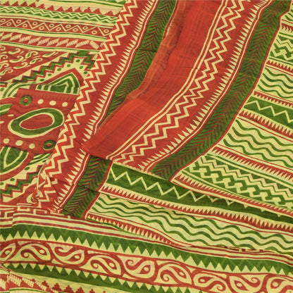 Sanskriti Vintage Sarees Green/Red 100% Pure Silk Printed Sari 5yd Craft Fabric