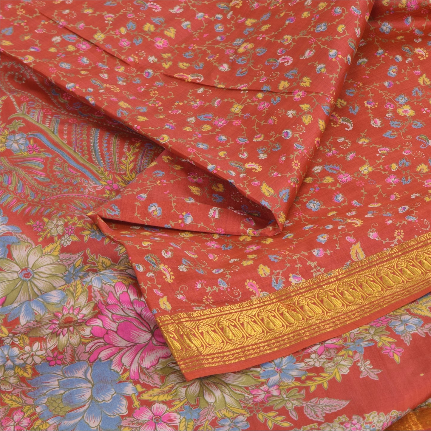 Sanskriti Vintage Sarees Red Zari Border Pure Silk Printed Sari 6yd Craft Fabric