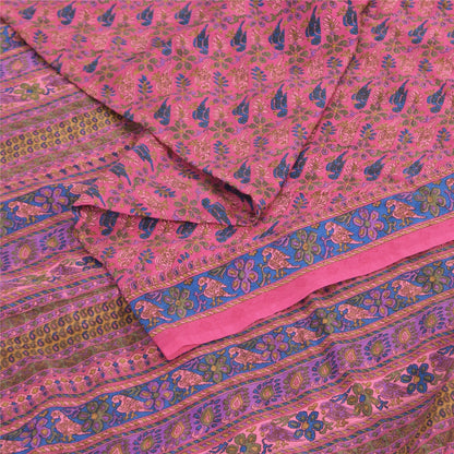 Sanskriti Vintage Sarees Pink/Blue Pure Silk Bird Printed Sari 6yd Craft Fabric