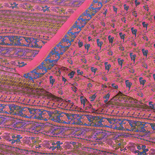 Sanskriti Vintage Sarees Pink/Blue Pure Silk Bird Printed Sari 6yd Craft Fabric