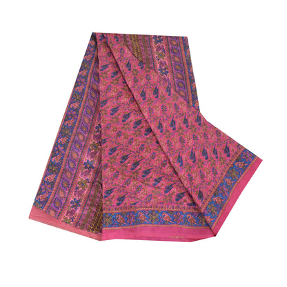 Sanskriti Vintage Sarees Pink/Blue Pure Silk Bird Printed Sari 6yd Craft Fabric