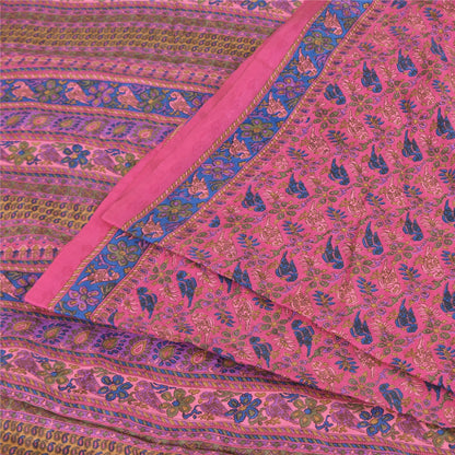 Sanskriti Vintage Sarees Pink/Blue Pure Silk Bird Printed Sari 6yd Craft Fabric