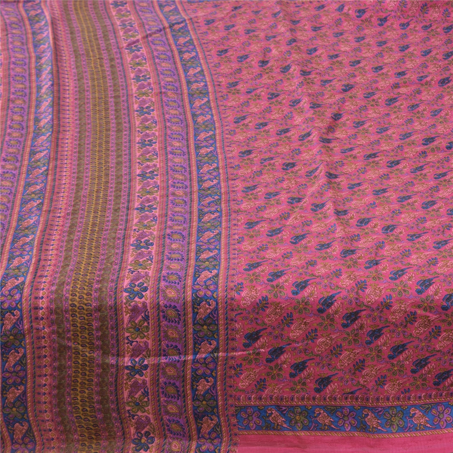 Sanskriti Vintage Sarees Pink/Blue Pure Silk Bird Printed Sari 6yd Craft Fabric