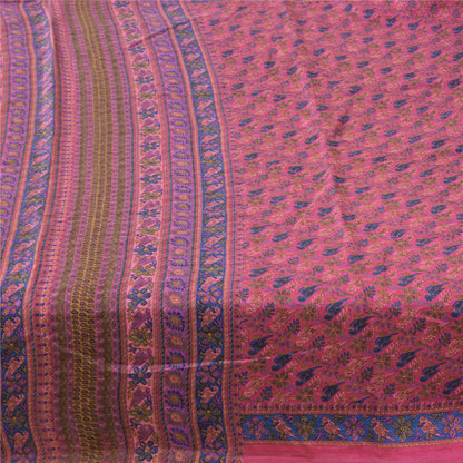 Sanskriti Vintage Sarees Pink/Blue Pure Silk Bird Printed Sari 6yd Craft Fabric