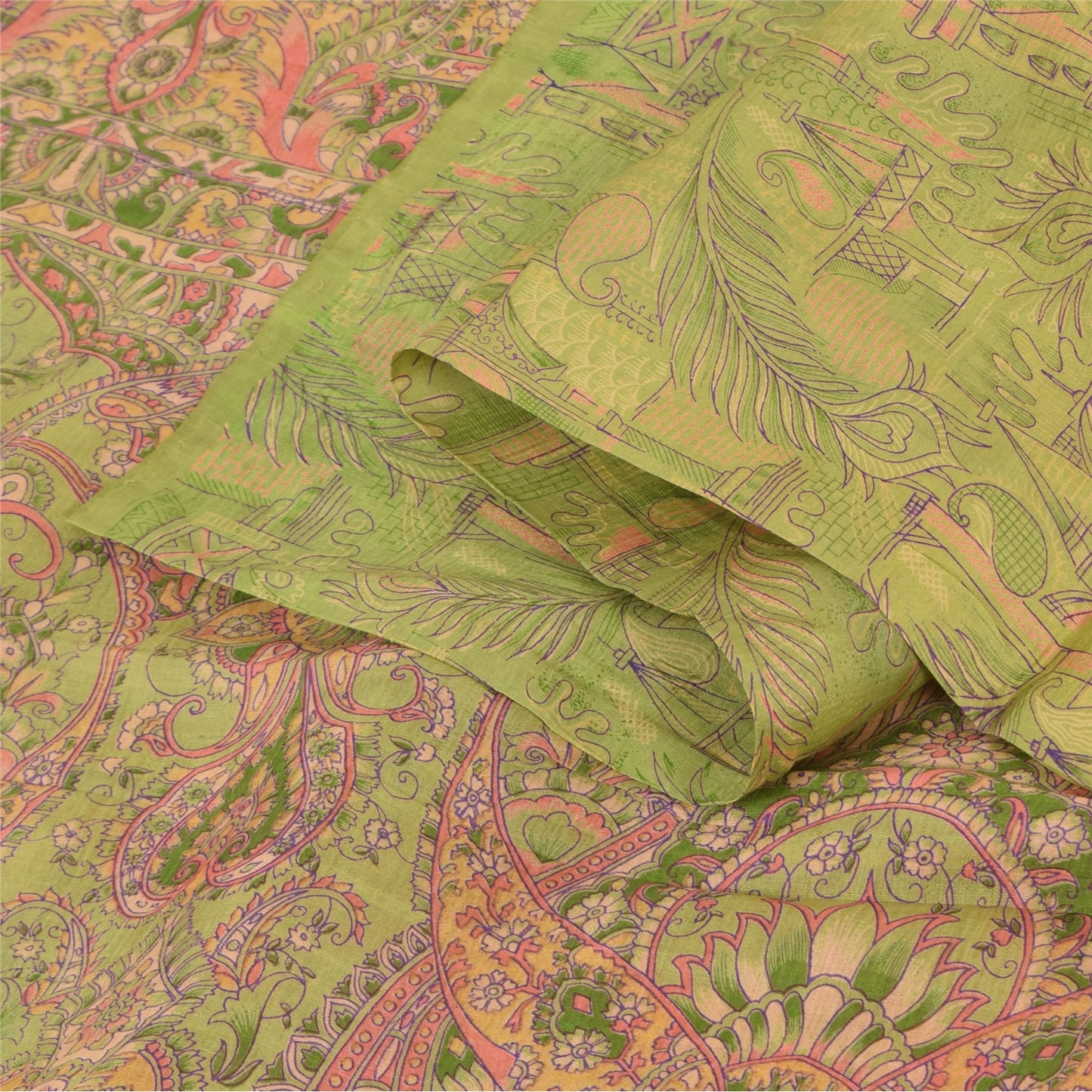 Sanskriti Vintage Sarees Green Indian Pure Silk Printed Sari 5yd Craft Fabric