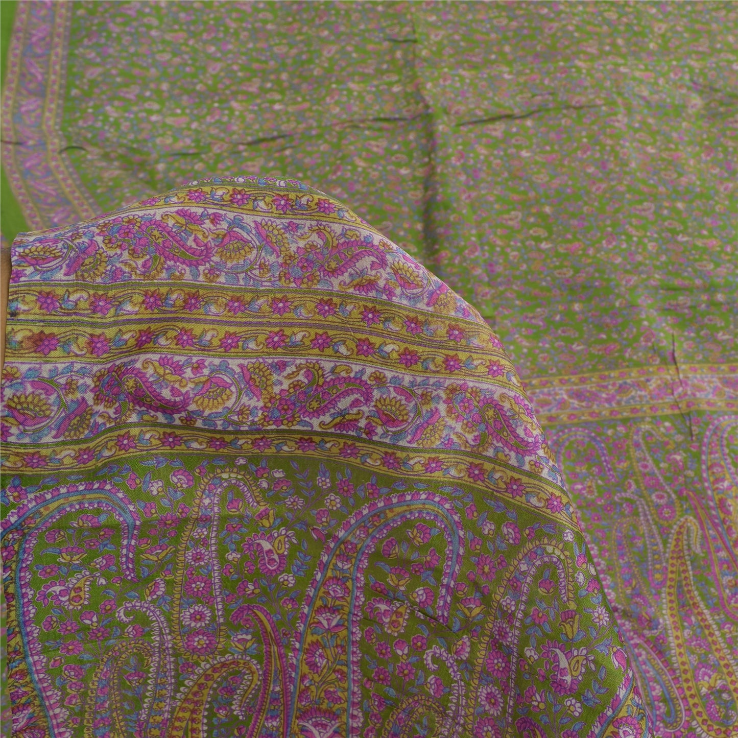 Sanskriti Vintage Sarees Green/Purple Pure Silk Printed Sari 5yd Craft Fabric