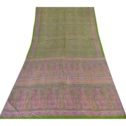 Sanskriti Vintage Sarees Green/Purple Pure Silk Printed Sari 5yd Craft Fabric