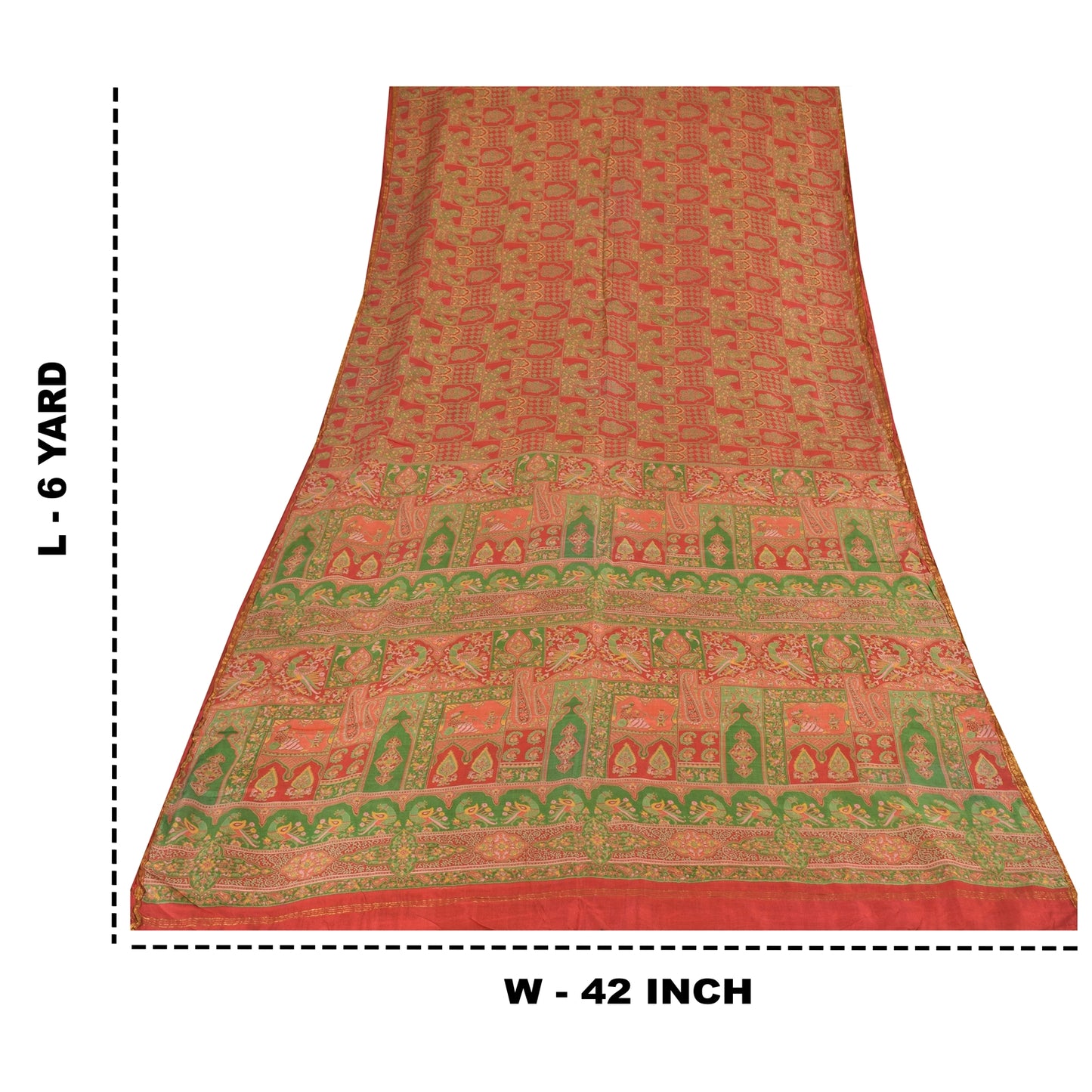 Sanskriti Vintage Sarees Red/Green 100% Pure Silk Printed Sari 6yd Craft Fabric