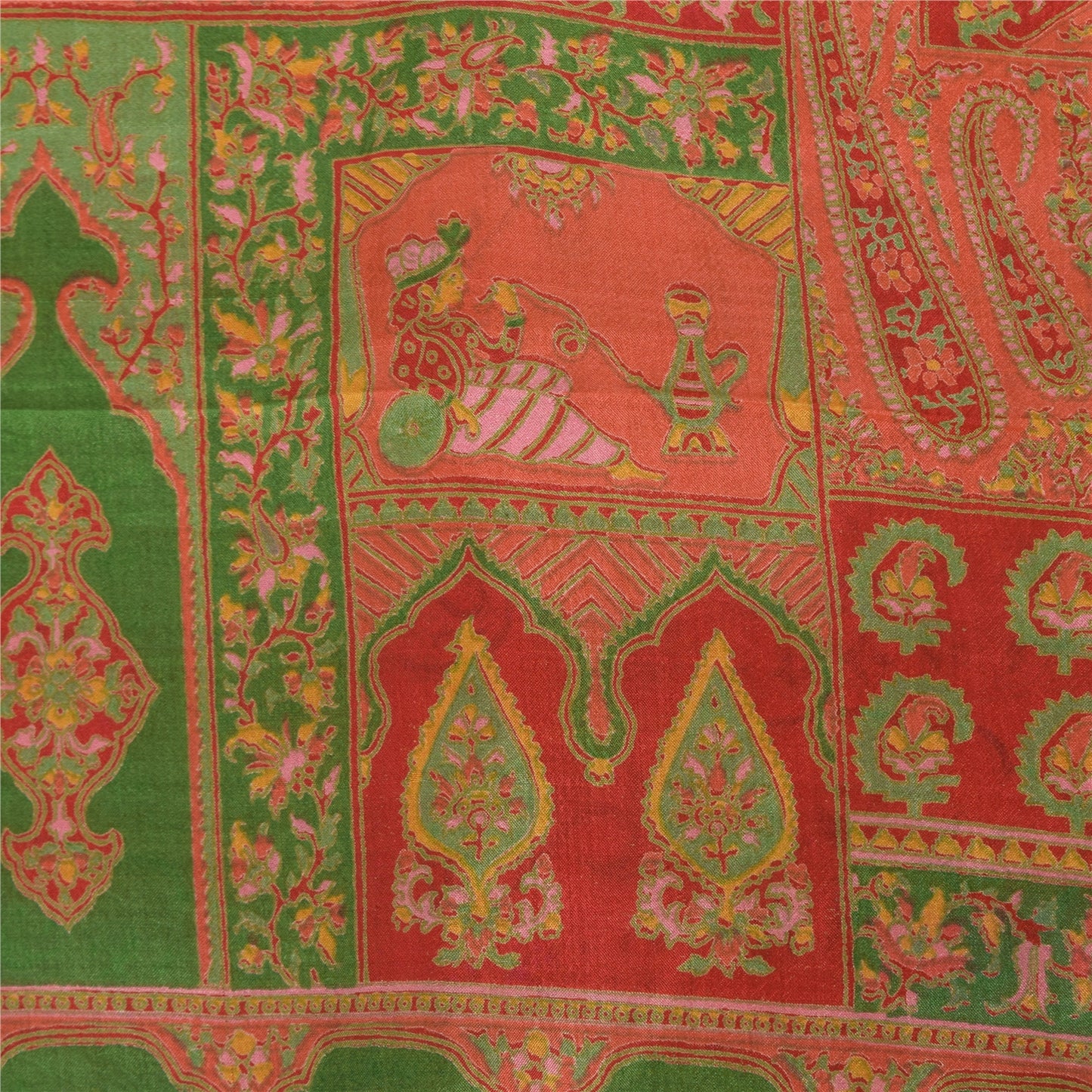 Sanskriti Vintage Sarees Red/Green 100% Pure Silk Printed Sari 6yd Craft Fabric