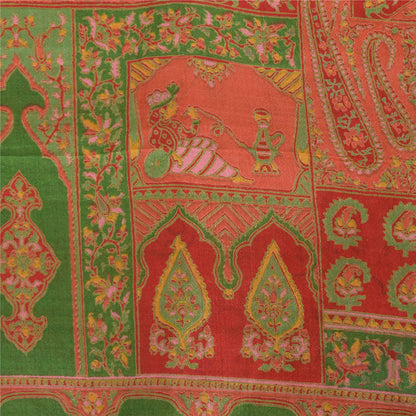 Sanskriti Vintage Sarees Red/Green 100% Pure Silk Printed Sari 6yd Craft Fabric