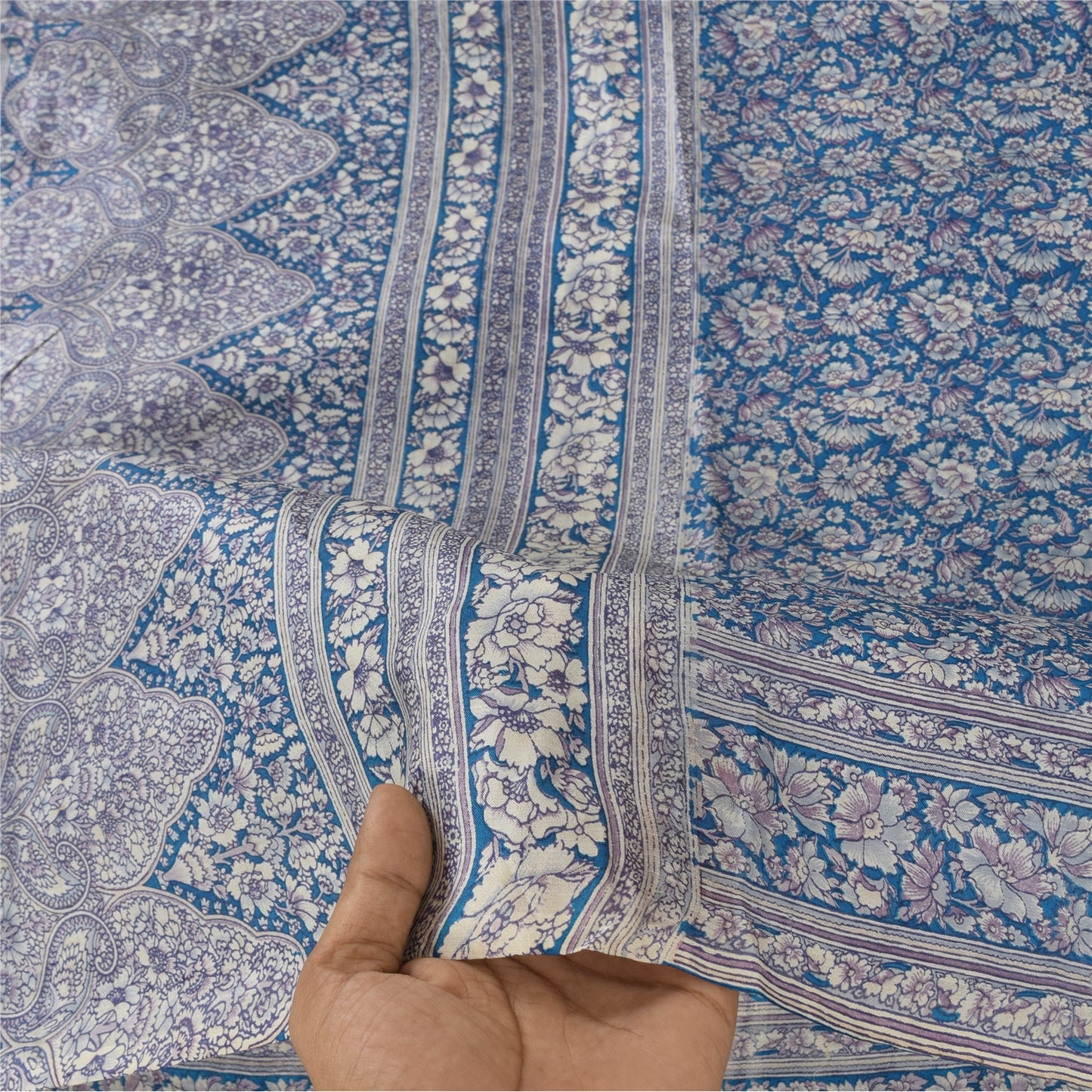 Sanskriti Vintage Sarees Blue Indian Blend Silk Printed Sari 5yd Craft Fabric