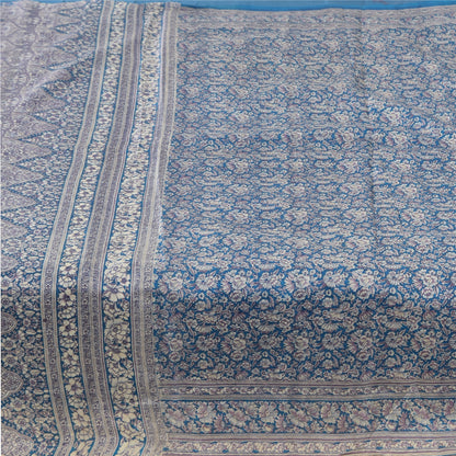 Sanskriti Vintage Sarees Blue Indian Blend Silk Printed Sari 5yd Craft Fabric