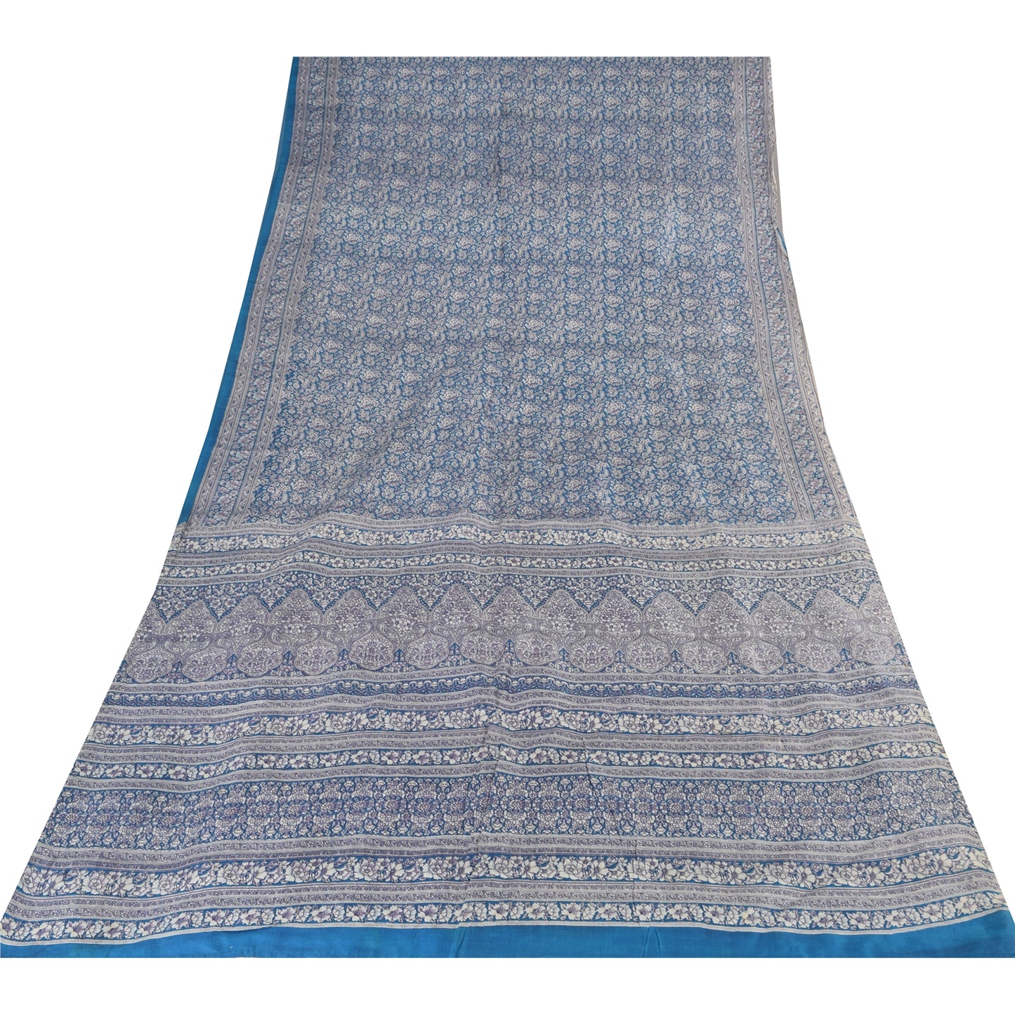 Sanskriti Vintage Sarees Blue Indian Blend Silk Printed Sari 5yd Craft Fabric