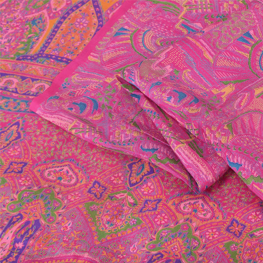 Sanskriti Vintage Sarees Indian Pink Pure Silk Print Sari 6yd Soft Craft Fabric