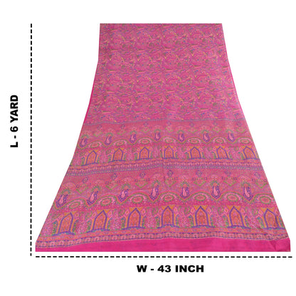 Sanskriti Vintage Sarees Indian Pink Pure Silk Print Sari 6yd Soft Craft Fabric