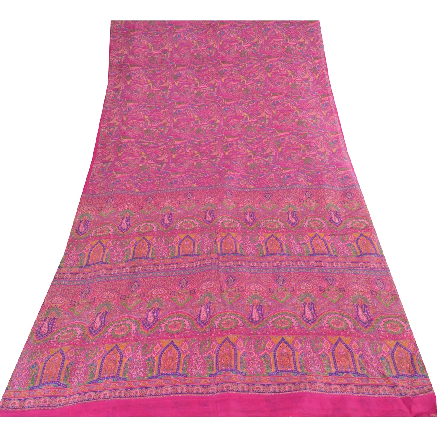 Sanskriti Vintage Sarees Indian Pink Pure Silk Print Sari 6yd Soft Craft Fabric