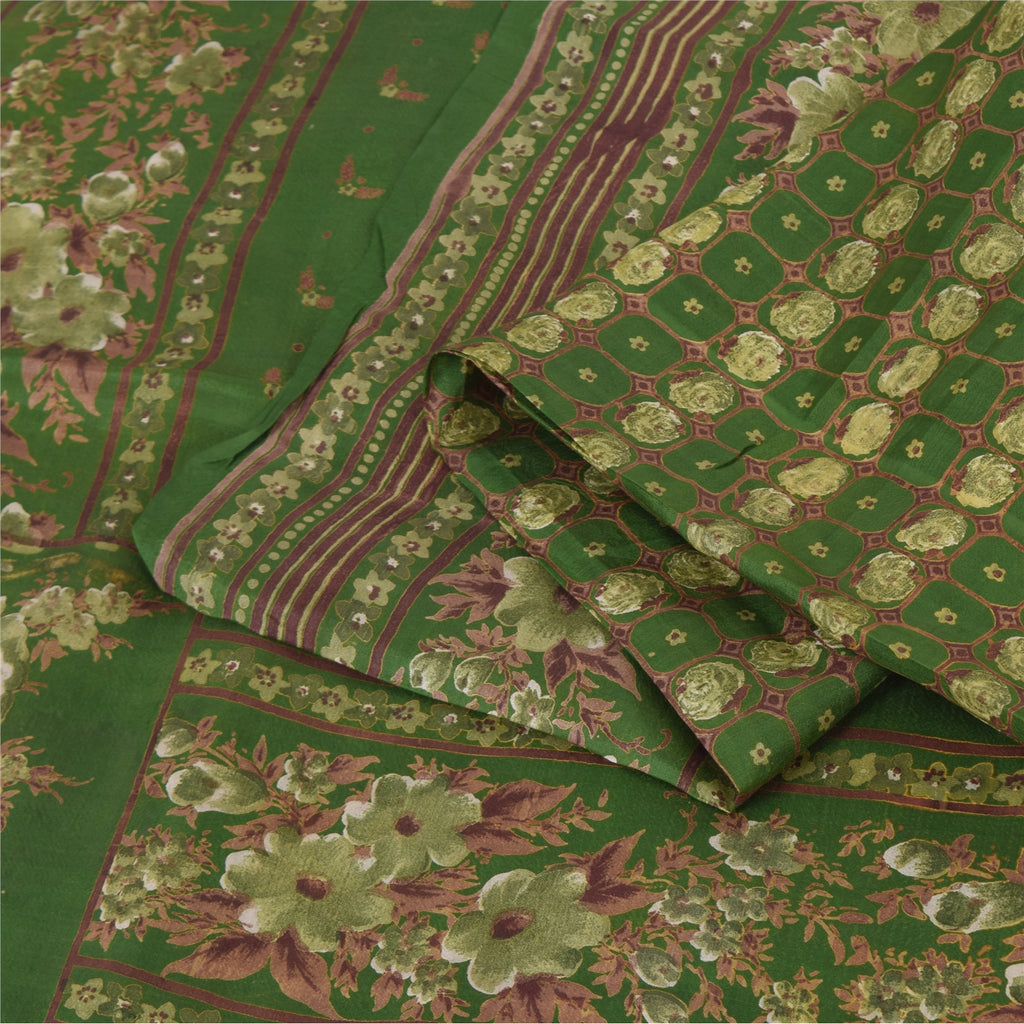 Sanskriti Vintage Sarees Green Indian Pure Silk Printed Sari 6yd Craft Fabric