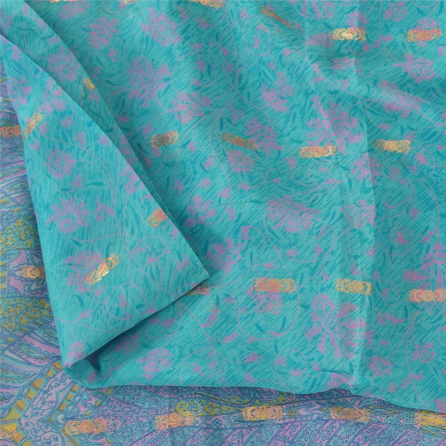 Sanskriti Vintage Sarees Blue Woven Printed Pure Silk Sari 5yd Craft Fabric